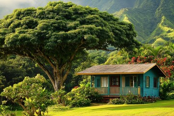 Traditional Native Hawaiian Home Surrounded by Lush Greenery in the Beautiful Kauai Landscape