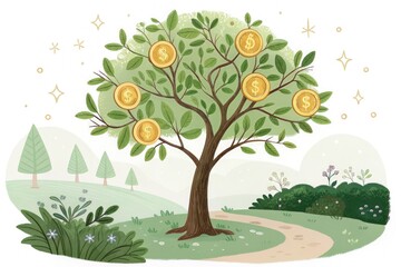 Gold Coin Tree Flourishing in a Serene Landscape Generative AI