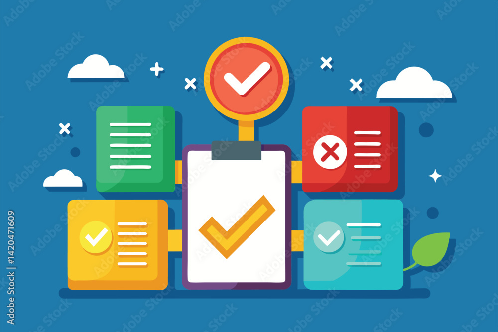 Poster a colorful illustration shows a decision-making framework with checkmarks and options for customizat