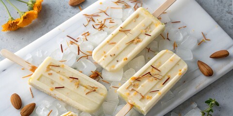 Creamy saffron kulfi popsicles with almond slivers and cardamom – dessert photography