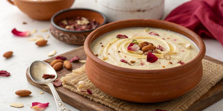 Phirni in earthen pot topped with dried rose petals and silver leaf &ndash; dessert photography