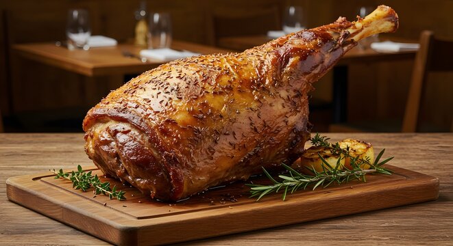 Mechoui roasted lamb leg with cumin on a restaurant table