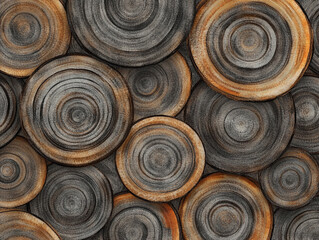 A pattern of tree trunk cross-sections in different sizes and colors, revealing growth rings and natural textures in an organic, layered arrangement.