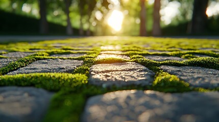 Fototapeta premium Close-up moss surface glowing with morning light inside a bright forest, highly realistic surface texture, rough bark in background, shadow contrast for dimension