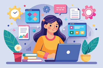 Fototapeta premium A young girl is focused on developing design elements for a website at her vibrant study area, Young girl develop design elements for website,