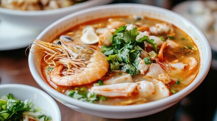Exotic seafood tom yum soup with succulent prawns and vibrant herbs close-up