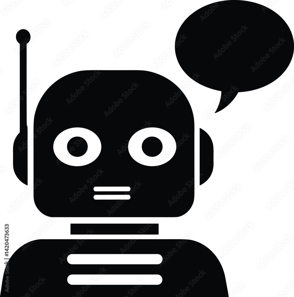 Poster robot icon with speech bubble communication symbol