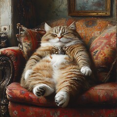 Obraz na płótnie Canvas Portrait Of A Relaxed Fluffy Cat Lounging On An Ornate Red Sofa Photo