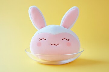 Fototapeta premium Cute, fluffy bunny plush toy resting in a glass dish.