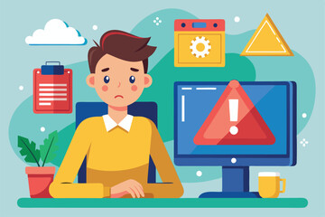 A young man looks worried at his desk due to alerts about potential dangers online in a digital environment, Young guy with dangeruos on internet,