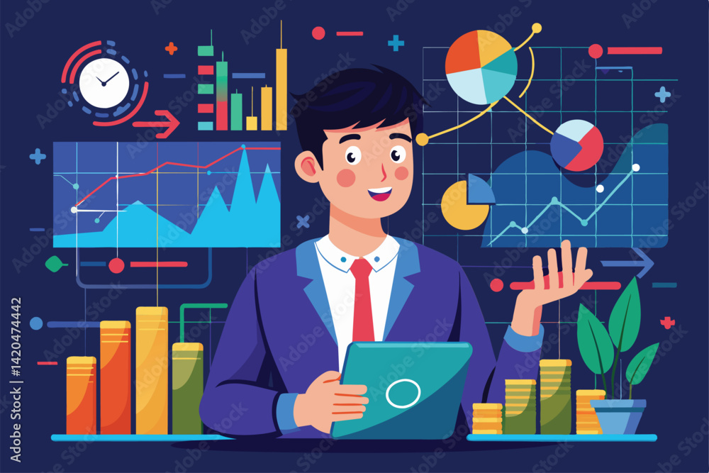 Poster a young man engages in data analysis while reviewing charts and graphs on a tablet in a bright offic