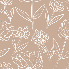 Seamless floral pattern featuring hand-drawn line art flowers and leaves on a bold  background. This elegant botanical design combines sketchy outlines and minimalist shapes, perfect for textile 