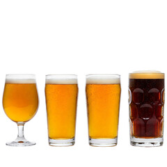 Image of different types of beer glasses lined up, including tulip, pint and mug, each containing a distinct variety of beer,