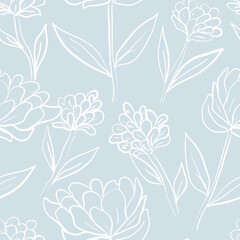 Seamless floral pattern featuring hand-drawn line art flowers and leaves on a bold  background. This elegant botanical design combines sketchy outlines and minimalist shapes, perfect for textile 