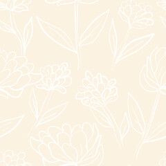 Seamless floral pattern featuring hand-drawn line art flowers and leaves on a bold  background. This elegant botanical design combines sketchy outlines and minimalist shapes, perfect for textile 