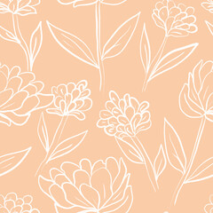 Seamless floral pattern featuring hand-drawn line art flowers and leaves on a bold  background. This elegant botanical design combines sketchy outlines and minimalist shapes, perfect for textile 