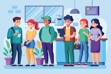 Obraz premium A group of young individuals stands in line at a bank cashier, discussing and checking their phones, Young people waiting in line at the bank cashier illustration