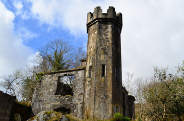 Castle Tower Ruins Abandoned Against Cloudy Skies