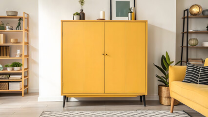 vibrant mid century inspired cabinet in yellow, adding cheerful touch to modern living space with plants and decor