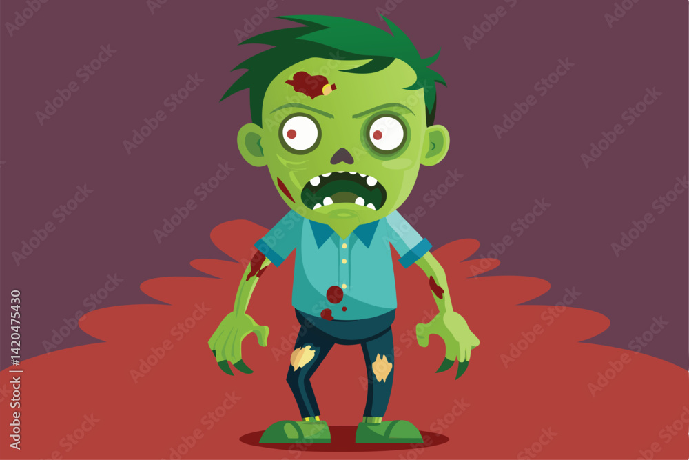 Poster a playful zombie character stands in a bright background with an expressive face and quirky features