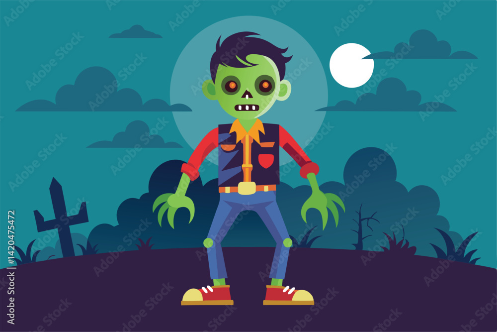 Poster a playful zombie character stands in a haunted setting under the moonlight, perfect for customizatio