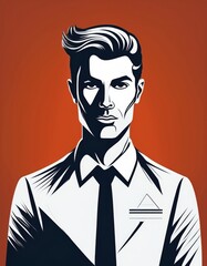 Graphic art of young male with bold hairstyle and sharp suit on red background