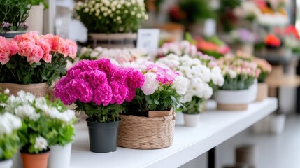 Vibrant flower arrangements in various colors and types displayed on a white table.  Potted plants and bouquets are arranged in rows