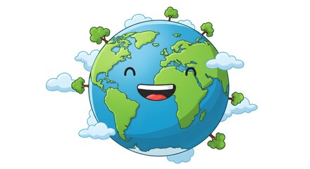 A positive cartoon image of a smiling Earth covered in green trees and blue oceans, promoting eco-friendliness.
