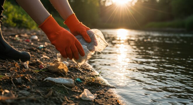 Environmental volunteer collecting plastic waste by the river at sunset. Promotes eco-awareness, sustainability, and community action against pollution.