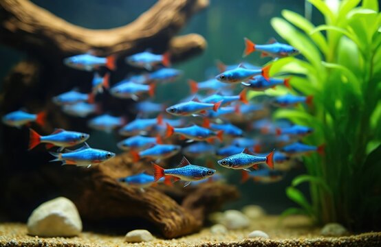 School of blue neon tetra fish swims in freshwater aquarium with live green plants, decoration. Tropical fish in planted tank. Aquatic plants, java moss, driftwood stone. Underwater life scene,
