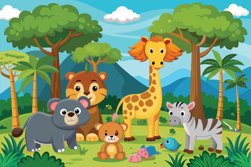 Naklejka premium A cheerful group of safari animals enjoys their time in a colorful, vibrant cartoon zoo setting, Zoo Cartoon Illustration with Safari Animals on Forest Background