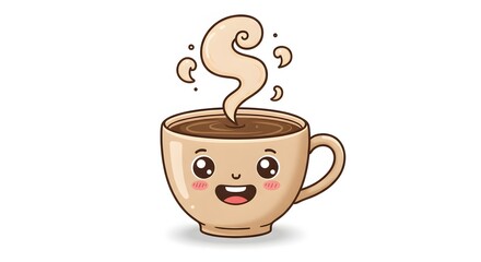 A cheerful cartoon clipart of a coffee cup with a happy face and steam rising, symbolizing warmth and energy.
