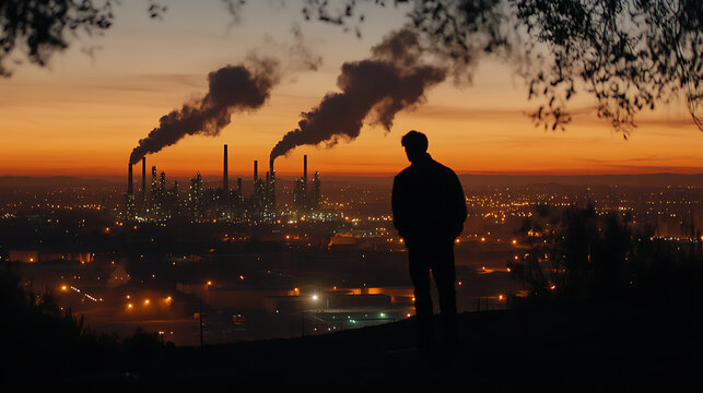 silhouette of person overlooking industrial cityscape at dusk, with factory smokestacks emitting smoke against vibrant sunset sky. scene evokes sense of contemplation and reflection