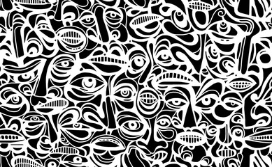 Black and white pattern on a white background with highlighted red cartoon faces, abstract design.Seamless drawing.	

