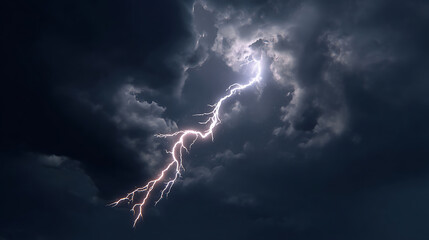 dramatic lightning bolt strikes through dark storm clouds, illuminating sky with powerful display of nature energy. scene captures intensity and beauty of thunderstorm