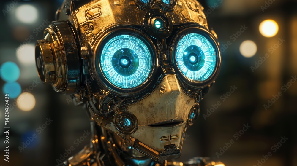 Poster futuristic robot with shiny metallic features and glowing blue eyes, set against a blurred backgroun