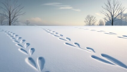 Peaceful snowy terrain showing footprints in the white blanket.