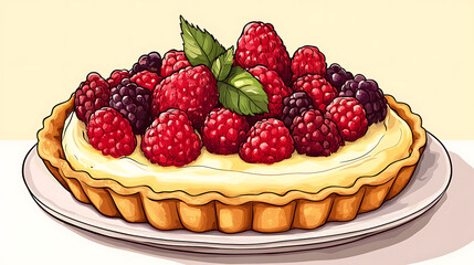 Delightful fruit tart featuring creamy custard filling topped with fresh raspberries and blackberries, perfect for dessert lovers. vibrant colors and textures create inviting presentation