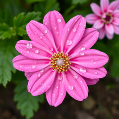 Fototapeta premium Top View of Pink Flower Covered in Dewy Water Droplets