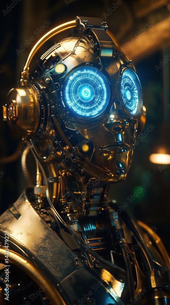 Poster a futuristic robot with a shiny golden exterior and glowing blue eyes, set in a dimly lit environmen