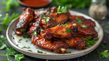 Vegan hot wings made seitan glazed and stacked on white ceramic plate with side sauce