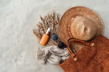 Beach essentials flat lay with straw hat, sunglasses, sunscreen, and tote bag on sand, promoting summer travel and sun protection.