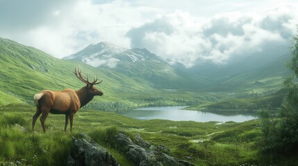 Obraz premium Majestic elk overlooking serene mountain lake
