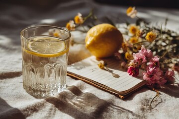Refreshing Lemon Water by a Notepad with Flowers on Linen for Wellness and Mindful Living.