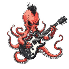 Angry red octopus with a mohawk playing electric guitar in punk rock style, wearing spiked bracelets and rings. Transparent PNG. AI generative.
