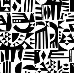 A black and white abstract hand-drawn drawing in the style of hieroglyphs.Seamless pattern.
