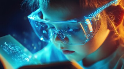 A child wearing futuristic reading glasses, absorbing knowledge instantly --ar 16:9 --v 6.1 Job ID: 00b4a016-ca1c-4f77-bc75-eefafce9ac8e