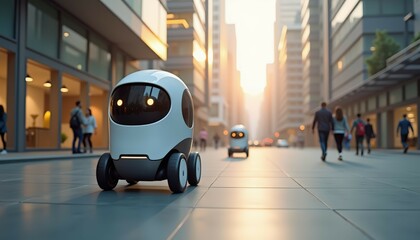 Autonomous delivery robot on big city street. Convenience and efficient nature of technology. Concept of technological advancement and positive impact of robotics on everyday urban life