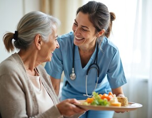 Nurse serves elderly woman lunch. Caregiver brings food, support patient at home. Senior lady eats meal, smiles, recovers. Doctor, home care, health, nursing, medical assistance.