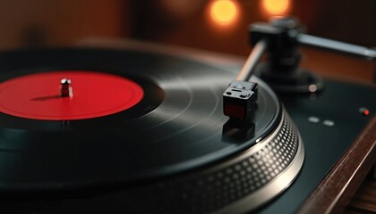 Close-up shot of classic turntable playing vinyl record with red label. Vintage audio equipment for listening music, home entertainment. Retro technology, analog sound, perfect for audiophiles.